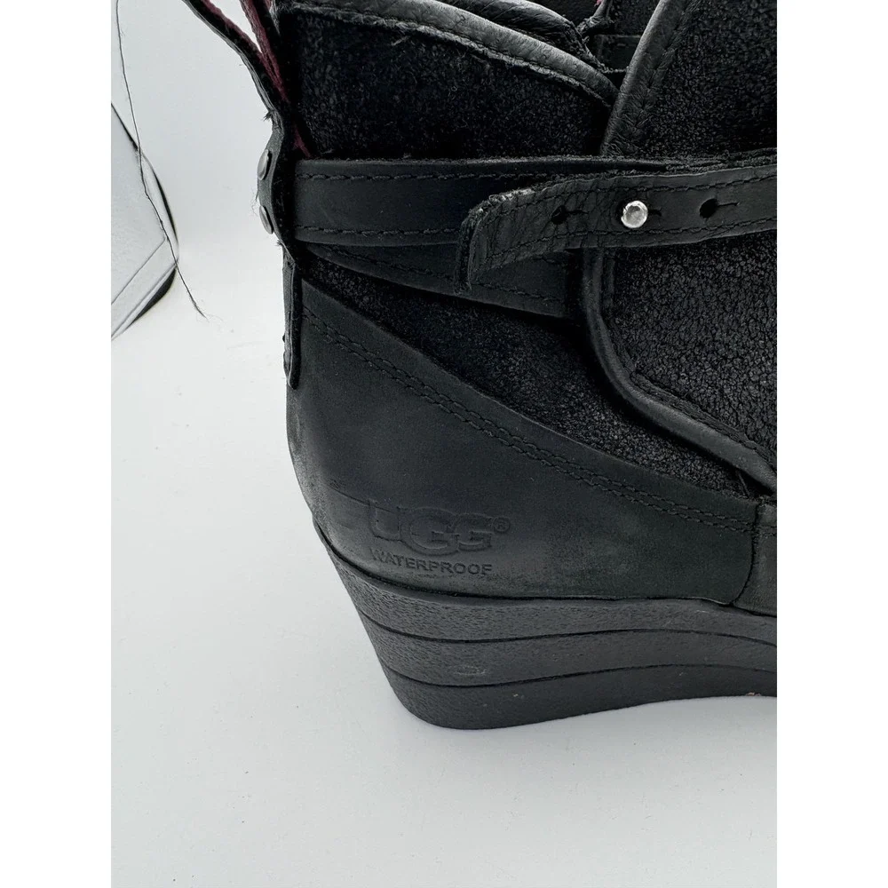 UGG Boots Womens Size 7 38 Black Leather Waterproof Wedge Ankle Booties
